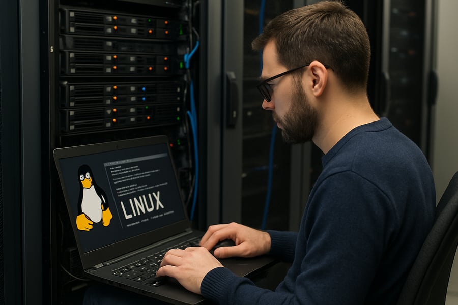 Linux system administrator working on server configuration